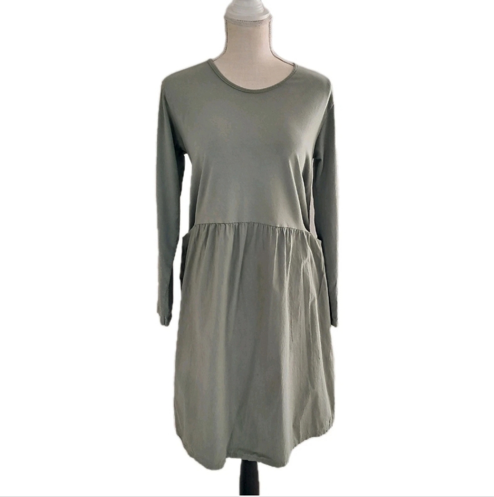 Saga Made In Italy Long Sleeve Smock Dress Patch Pockets Sage Green One Size